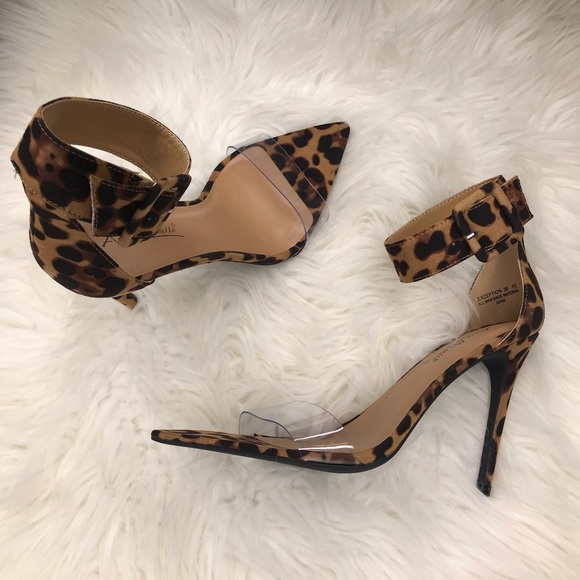 Leopard Suede Clear Strap Pointed Heels - Picture 2 of 8